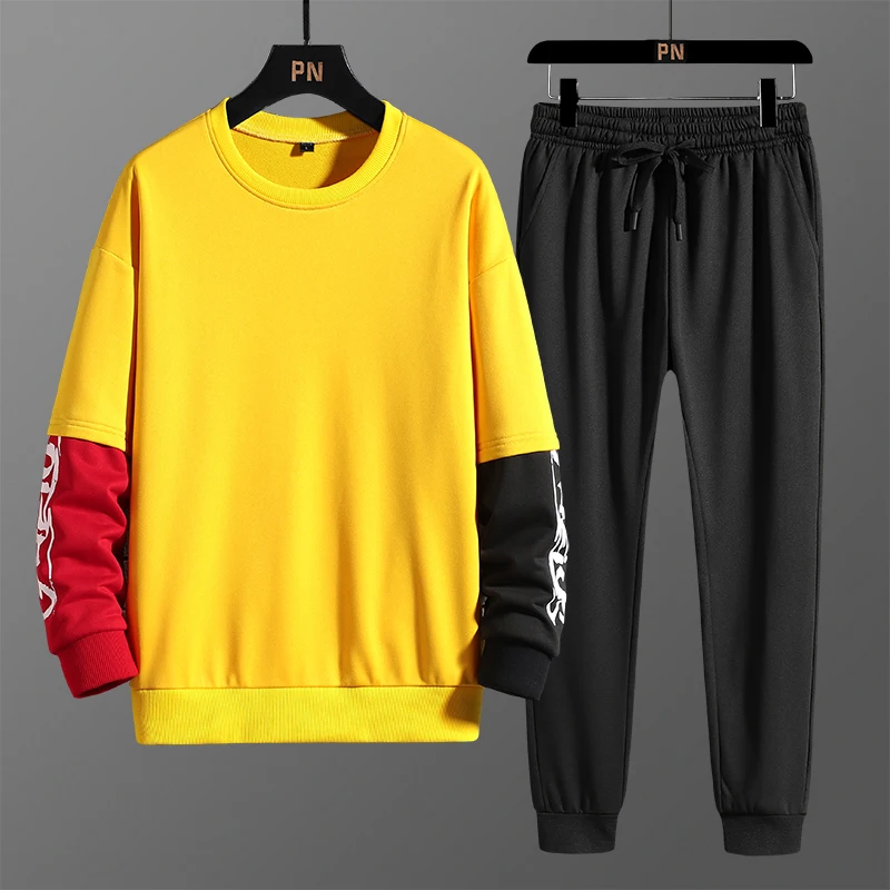 

Men Tracksuits New Male Streetwear Two Piece Set Sweatpant+Sports Pants Splice Color Contrast Letters Print Man Sportswear Suit