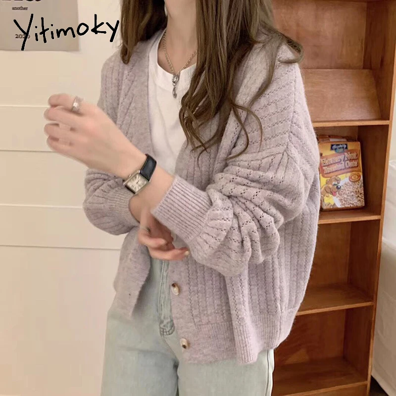 Женский трикотажный кардиган Yitimoky однотонный Повседневный однобортный