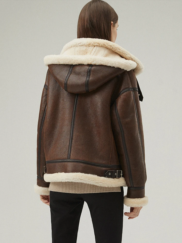 2020 New Womens Shearling Jacket Thicken Wool Coat Short Leather Jacket Hooded Fur Jacket Sheepskin Coat