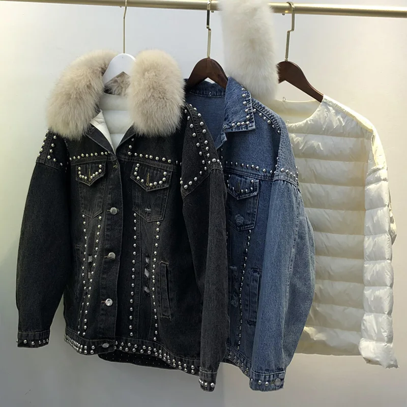 

Down Coat Winter Women Natural Fox Fur Collar Detachable White Duck Down Linner Female Down Parkas Oversized Feather Clothes