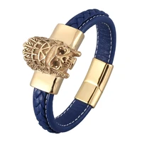 trendy blue woven leather bracelet men gold indian skull stainless steel man wristband punk rock jewelry accessories gift sp0931