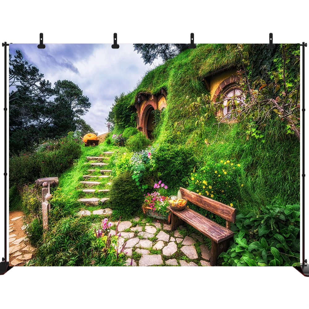 

Happy Birthday Photo Backdrop for Children Fairy Tale Wooden House Photography Vinyl Backdgrounds Photoshoot Studio Banner