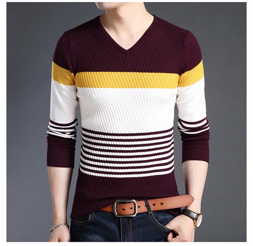 

Sweaters Thick Warm Pullover Men Casual Striped V-Neck Sweater Men Clothing 2019 Autumn Winter Knitwear Pull Homme J768