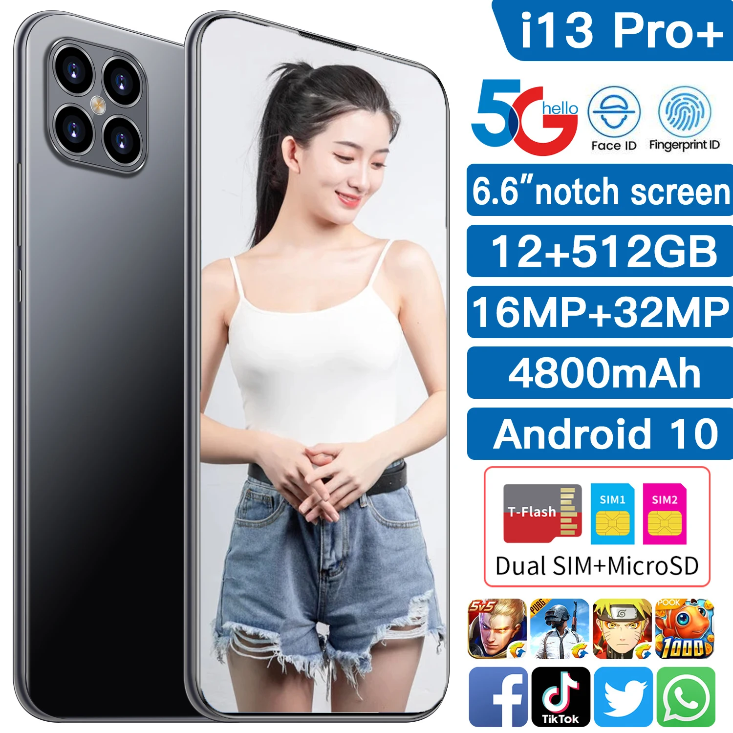 

Global Version I13 Pro Smartphone 6.6 Inch Screen 4800mAh Big Battery 12GB 512GB 16MP 32MP Camera Snapdragon 888 Face ID Android