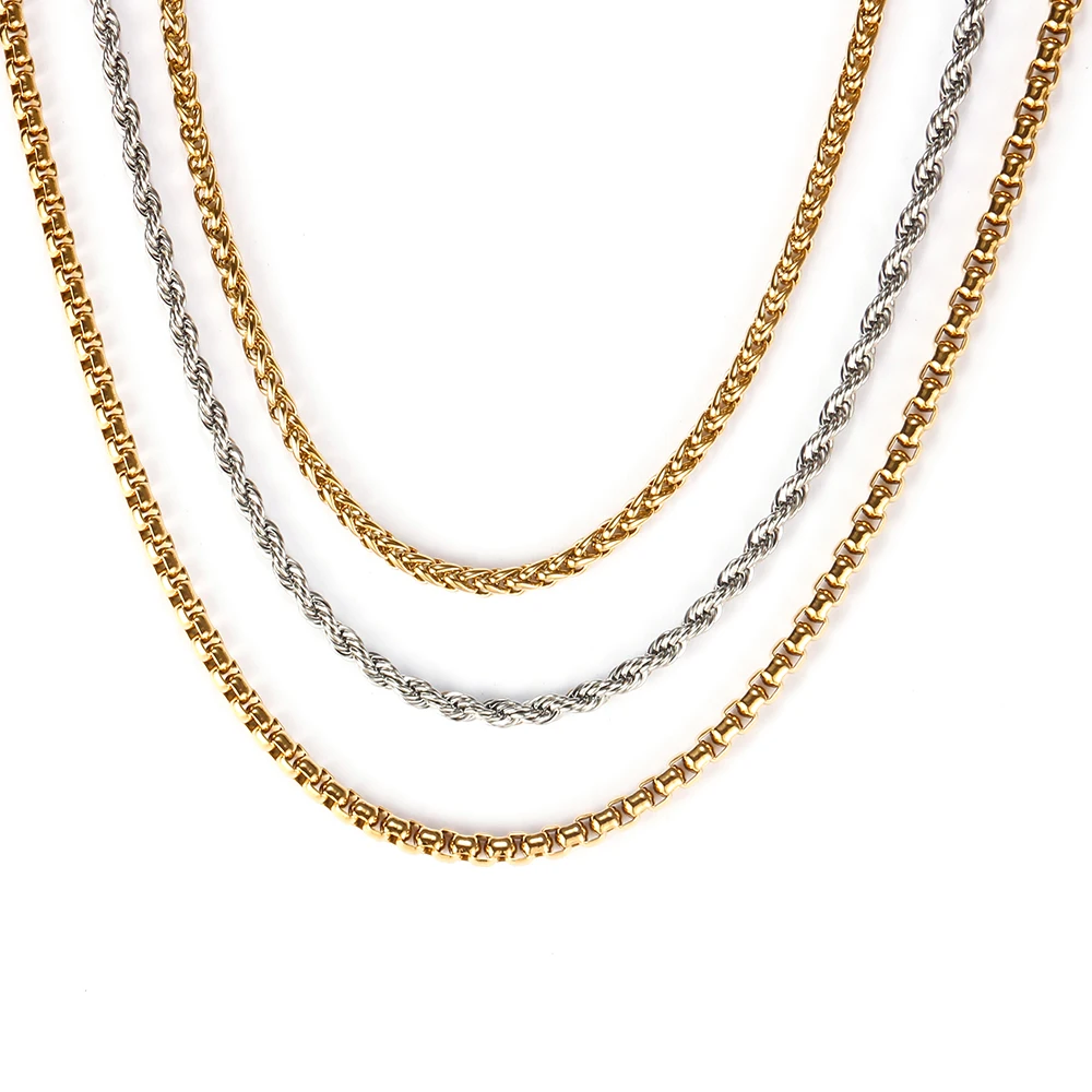 

Hip Hop Stainless Steel Rope Chain Necklace for Men Women Gold/Silver Square Pearl Chain Waterproof Flower Basket Chain Jewelry