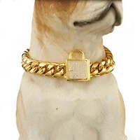 tiasri gold color dog chain pet collar rhinestone lock high quality stainless steel chain training rope pet accessories12 30inch