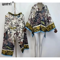 winyi elegant woman fashion print suits 2021 spring ladies holiday suits ladies vocation beach loose blouse set female pants