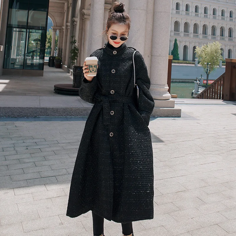 

Женское шерстяное пальто до колен, свободное черное пальто в стиле Хепберн, Корейская модель на осень и зиму
