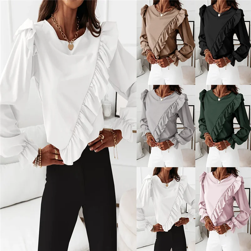 

Women's Casual T-Shirt Autumn And Winter Solid Color New Splicing Trumpet Sleeves Ruffled Long-Sleeved Shirt Blouse