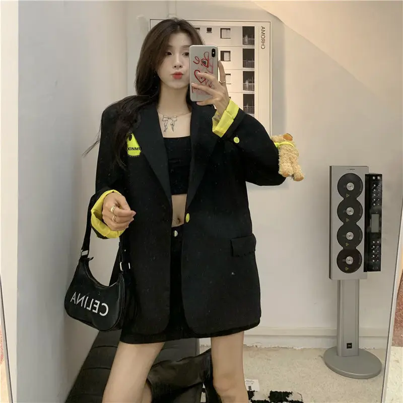 

Korean Loose Black Blazers Women with Bear Autumn Thin Fashion Long Sleeved Gray Suit Jacket Female