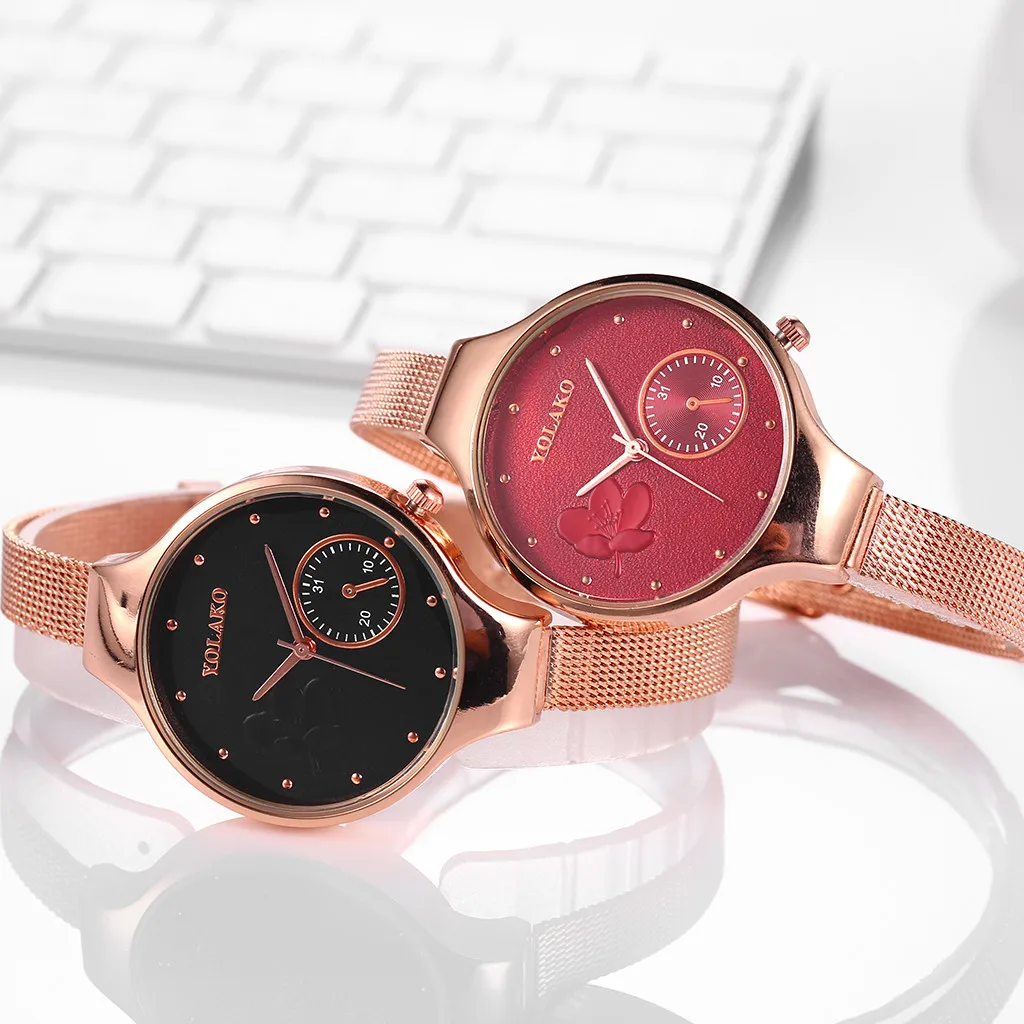 Модные женские часы из розового золота с креативным цветком и сетчатым ремешком