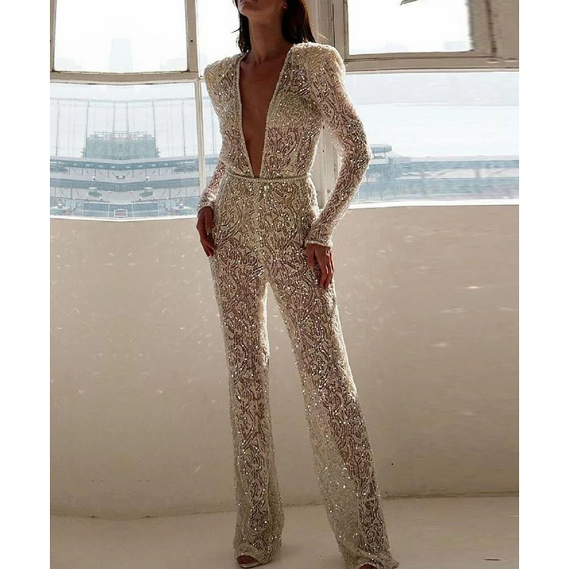 

Mandylandy Jumpsuits Summer Long-Sleeve V-neck High Waist Sequins Straight Jumpsuits Womens Mesh Patchwork See-through Jumpsuits