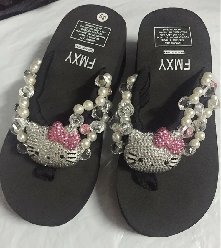 Шлепанцы Стразы с цветами Пляжные шлепанцы на высоком каблуке жемчугом Обувь для
