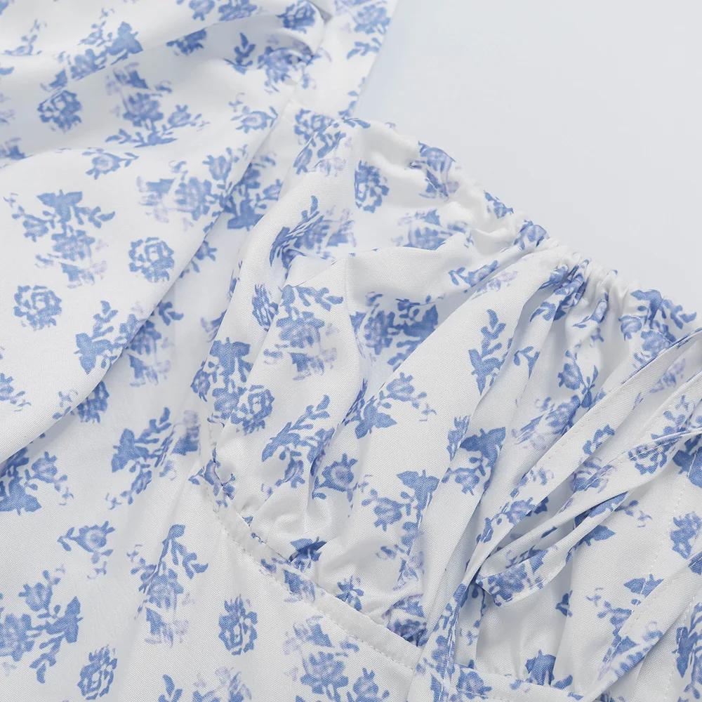 

Bohe Floral Print White Dress Women Short Sleeve Split Sundress Flower Elegant Summer Holiday Beach Square Collar Dresses Tie Up