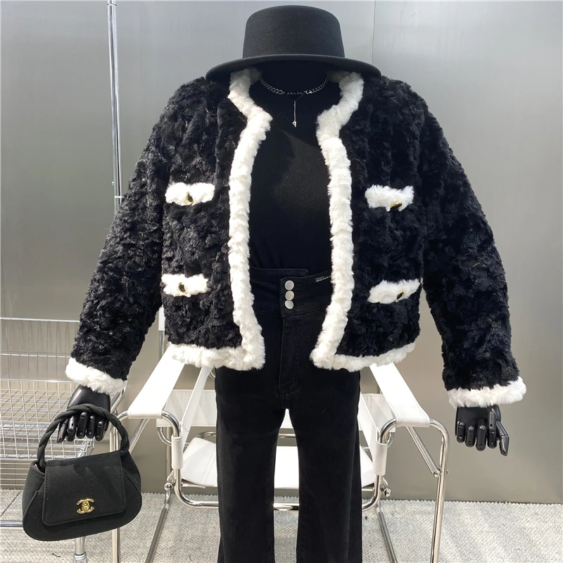 

New Brand Niche Design 2021 Autumn Winter High Sense Light Luxury Rex Rabbit Hair Contrast Coat Fashion Roll Lamb Wool Jacket