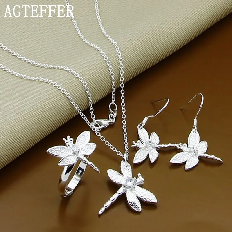 

AGTEFFER 925 Sterling Silver AAA Zircon Dragonfly Necklace Earring Ring Set For Woman Wedding Engagement Party Fashion Jewelry
