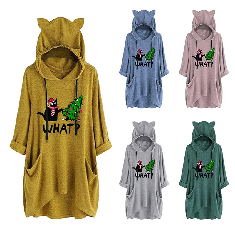 2022 cute cat ladies sweater casual cartoon WHAT Christmas tree print knitted hooded sweater long-sleeved women's clothing