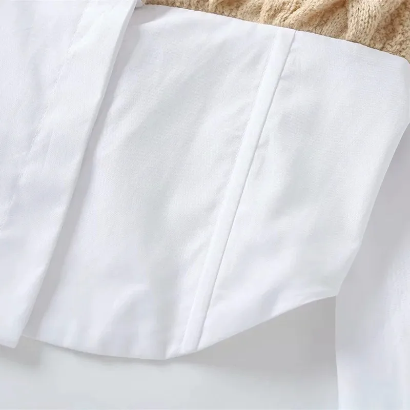 

2021 Spring Women Vintage Shirt Long Sleeve Patchwork Knitting Short Blusas Lady Fashion Crop Tops Clothing Roupas Femininas