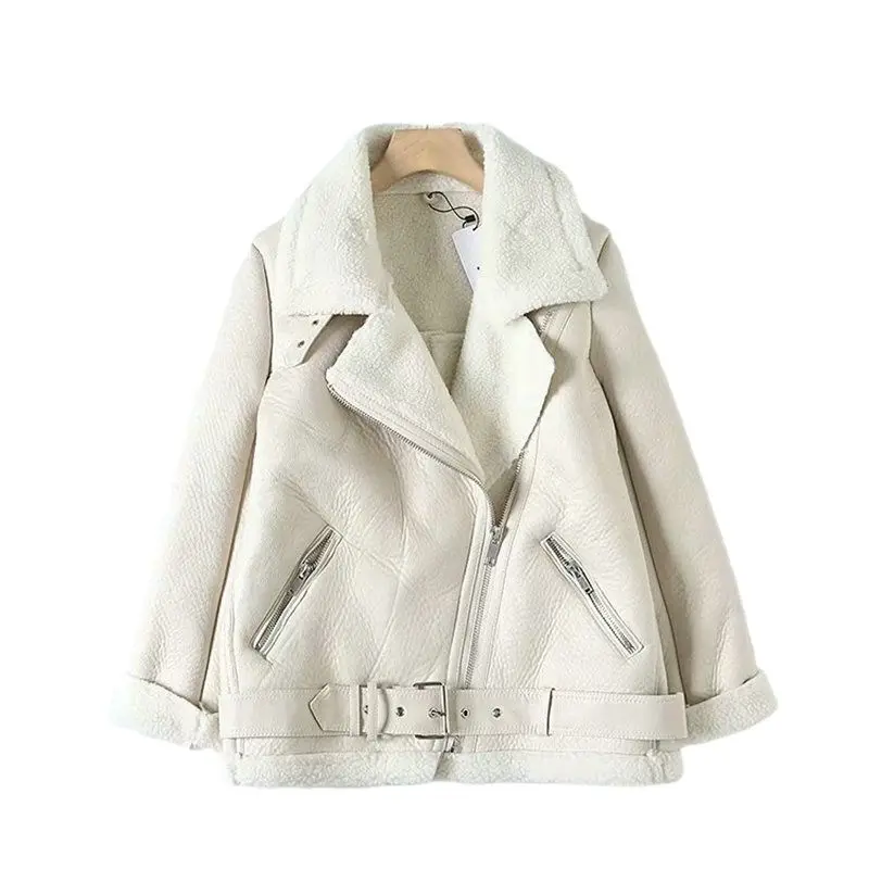 

Women beige fur faux leather jacket coat with belt turn down collar Ladies 2019 Winter Thick Warm Oversized Coat 5B01