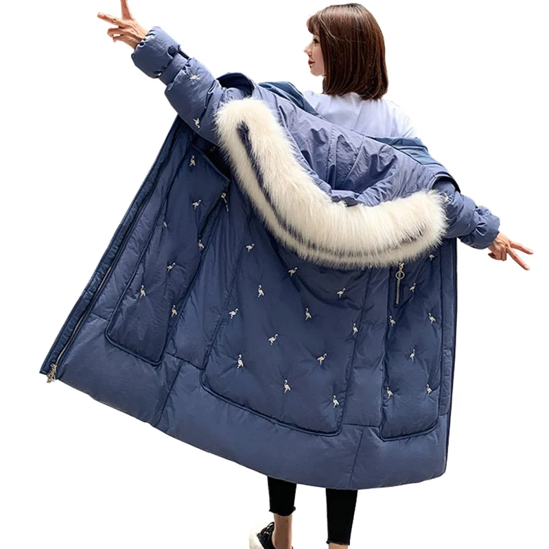 2019 зимние длинные парки женская утепленная куртка с вышивкой из хлопка меховая