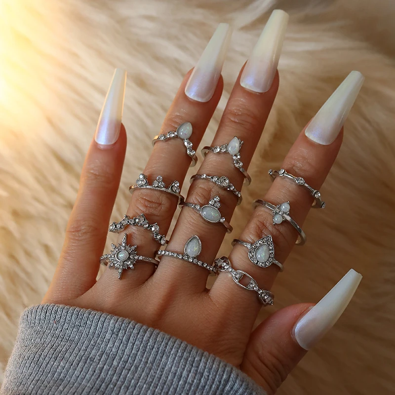 

Bohemian Opals Gem Stone Rings Set Vintage Star Crystal Joint Knuckle Ring For Women Bulk Lot Fashion 2021 Party Lady Jewelry