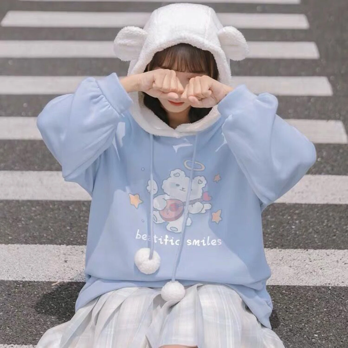 

Kawaii Japan Cartoon Print Hoodie Harajuku Girls Blue Printed Sweet Oversized Long Sleeve Sweatshirt Fashion Sweatshirt Women