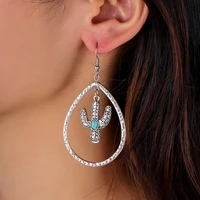 cutout oval turquoise inlay cactus teardrop earrings for women western retro metallic jewelry latest design gift wholesale