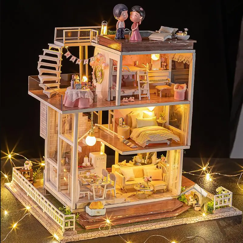 Сборка &quotсделай сам&quot игрушечный деревянный дом с Miniatura мебель для кукольных