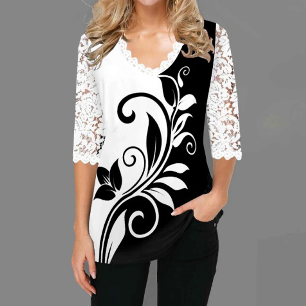 

Lace Splice Women Blouse 2021 Autumn Boho Shirt Ladies V-neck Half Sleeve Blouse Shirt Casual Pullovers Tops Femme Blusa
