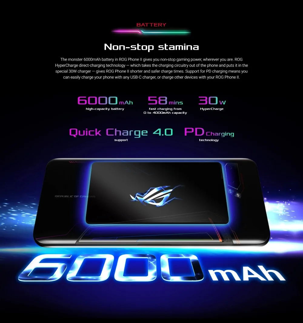 Asus ROG 2 супер игровой телефон ZS660KL мобильный телефон 8G ram 128G rom Snapdragon855+ 6,5" 1080x2340 h 48MP 6000mAh Android 9,0