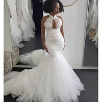 sexy halter hollow out front mermaid wedding dresses sweep train lace appliques cheap african women wedding gowns