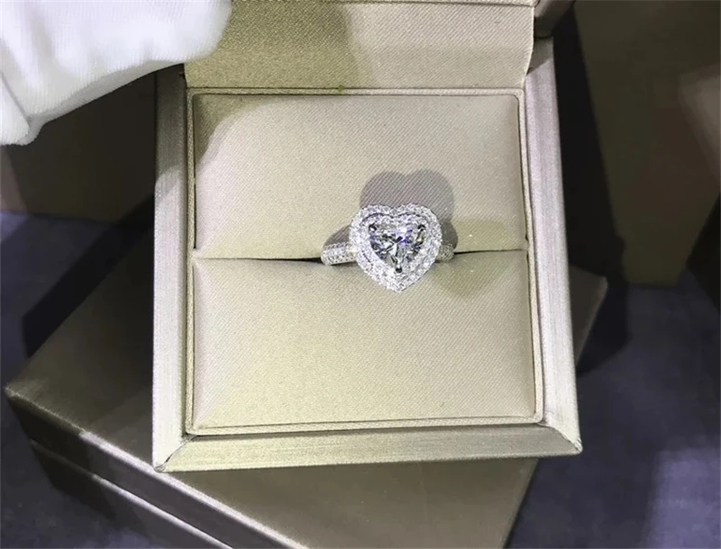 Роскошное Настоящее цельное 925 пробы Серебряное кольцо в форме сердца AAAAA циркон