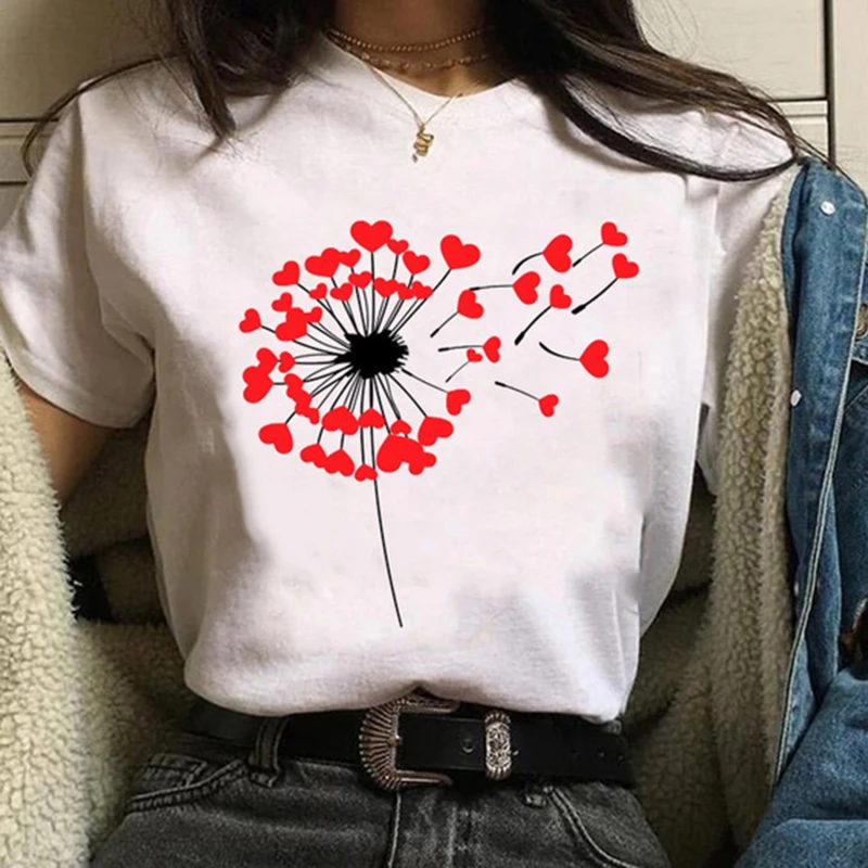 

Women Tees Graphic Printing Love Heart Sweet O Neck Short Sleeve Lady Casual Fashion Tops Female T Shirt