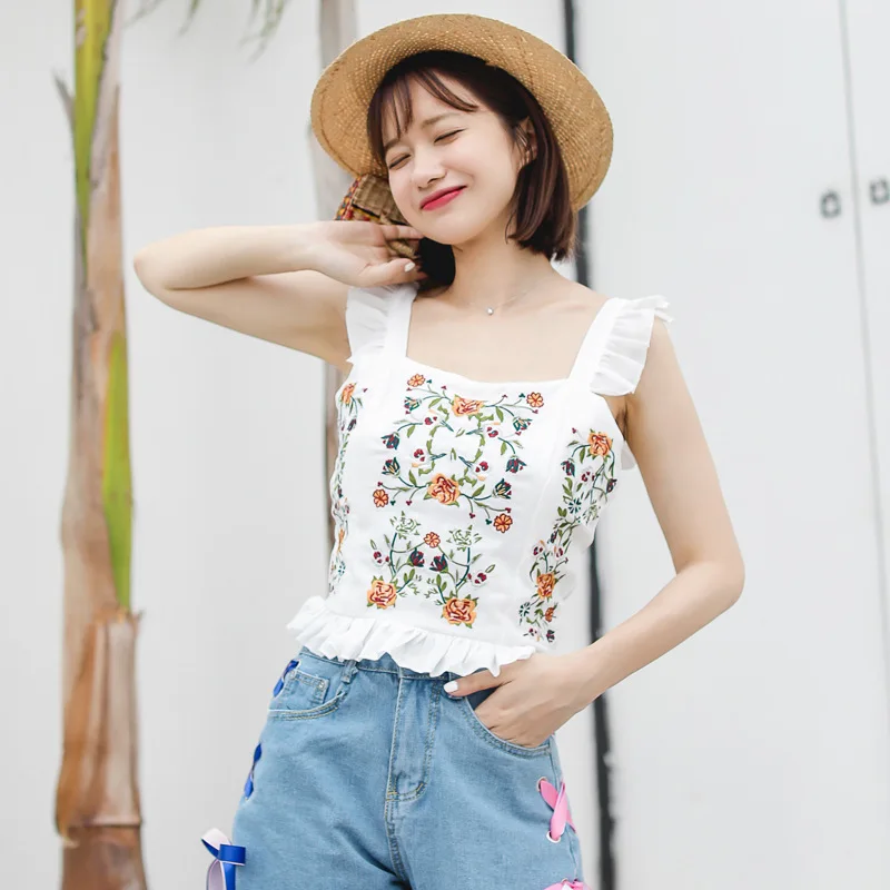 Топ с цветочной вышивкой в стиле ретро майка оборками короткая дизайнерская