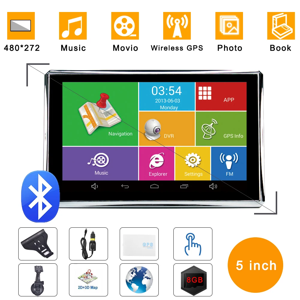 Автомобильная GPS навигация 5 дюймов 8 ГБ Bluetooth Wi Fi экран Портативный FM передатчик