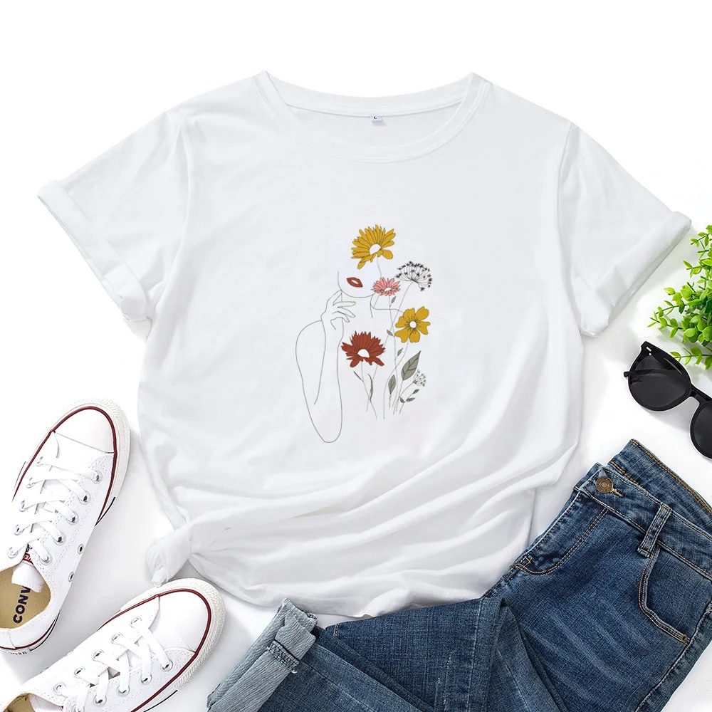 

Watercolor Flower Print TShirt Women Summer Fashion Ladie Tshirt Harajuku Women T Shirt Short Sleeve Tops Cute Graphic Tee Shirt
