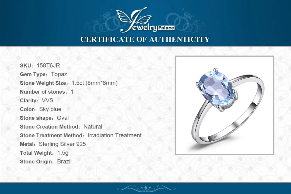 Женское серебряное кольцо с голубым топазом Jewelry Palace обручальное из серебра 925