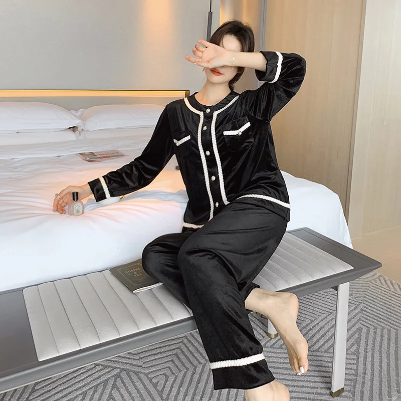 Gold Velvet Pajamas Set for Women Warm Autumn and Winter New Hot Style Velvet Home Clothes Homewear Sleepwear pijama mujer