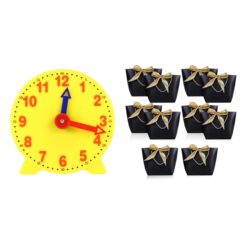 

4 Inch Student Learning Clock Time Model Teacher Gear Clock With 10 Pcs Gift Bag With Handle Paper Party Favor Bag