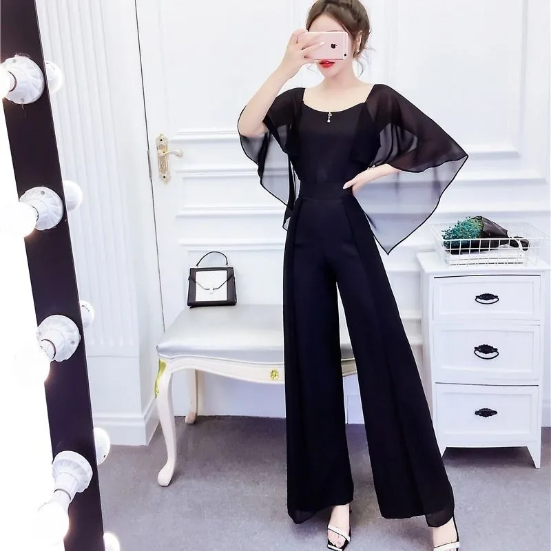 

Summer Office Ladies Chiffon Romper O-neck Sleeveless Wide Leg Jumpsuit Female Solid Color Ruffle Women Playsuit 2021 New Y405