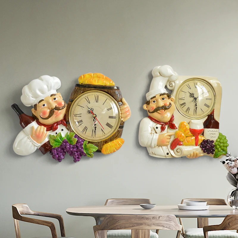 

Old style wall clock home decoration resin chef statue living room kitchen decoration silent quartz clock wall clock