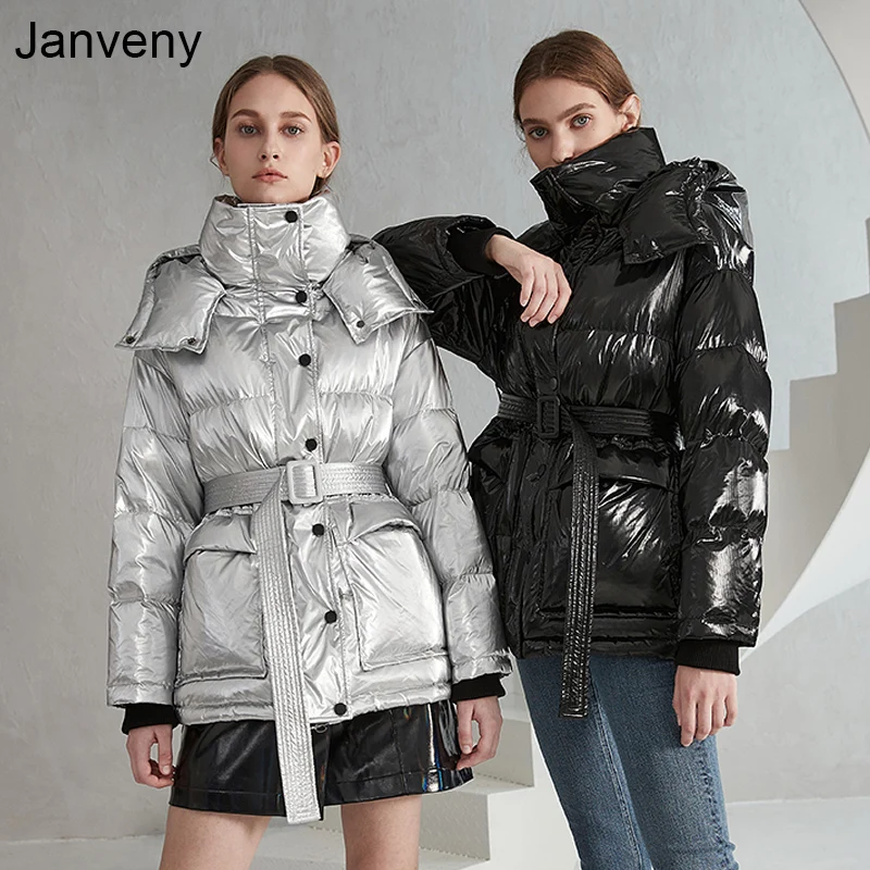 Куртка женская зимняя на 2021 белом утином пуху с капюшоном и завязками