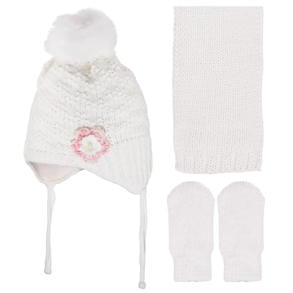 

White Floral Scarf Gloves Set Beret