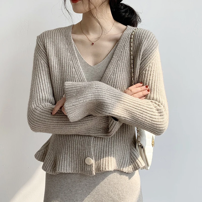 

Fanco 2020 New Vintage Ruffled Sweater Women Small Cardigan Slim V-Neck Flared Long Sleeve Knit Short Single Breasted