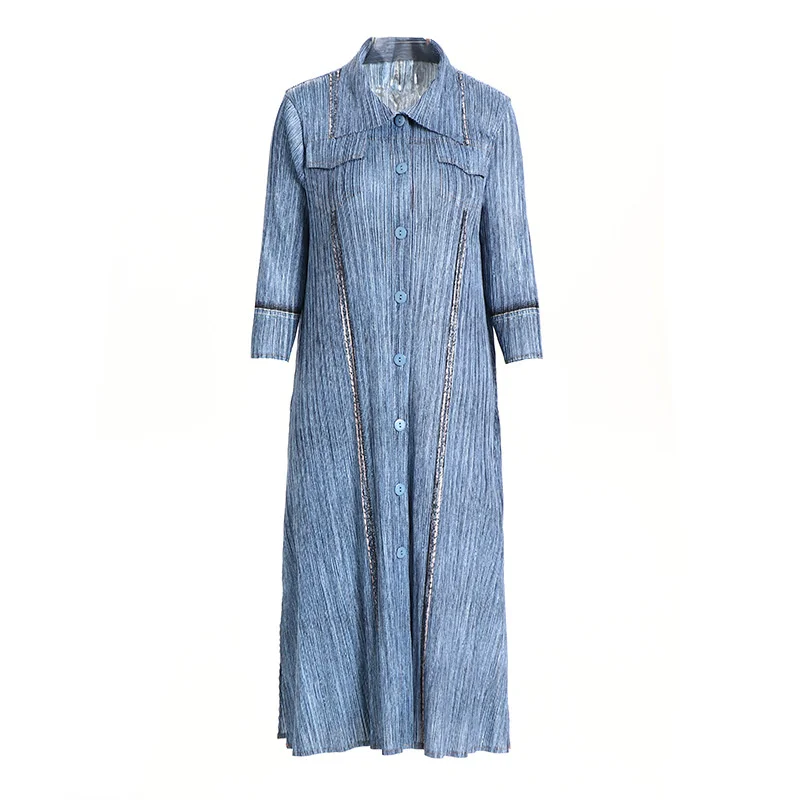 

LANMREM 2021 New Women's Single Breasted Loose Pleated Dress Polo Neck Mid-calf Three Quarter Sleeve Fashion Autumn 2T1426