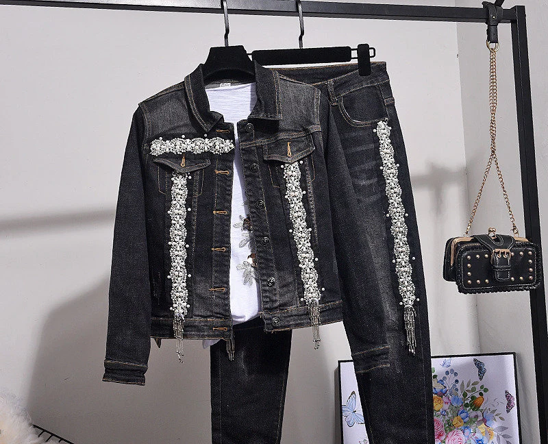 

Autumn Fashion Set Female Beading Denim Jacket + Elasticity High waist Jeans Pants Two Piece Outfits Streetwear Denim 2pc Sets