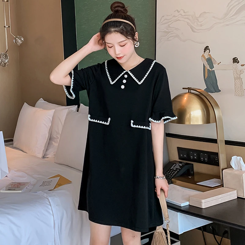 

Dress Summer 2021 New Women's Large Size Loose Mid-Length Summer Peter Pan Collar Short Sleeve Black Dress