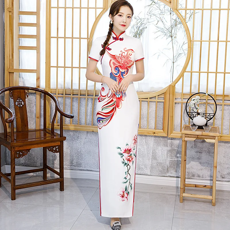 Женское винтажное платье чонсам белое Повседневное в китайском стиле вечерние