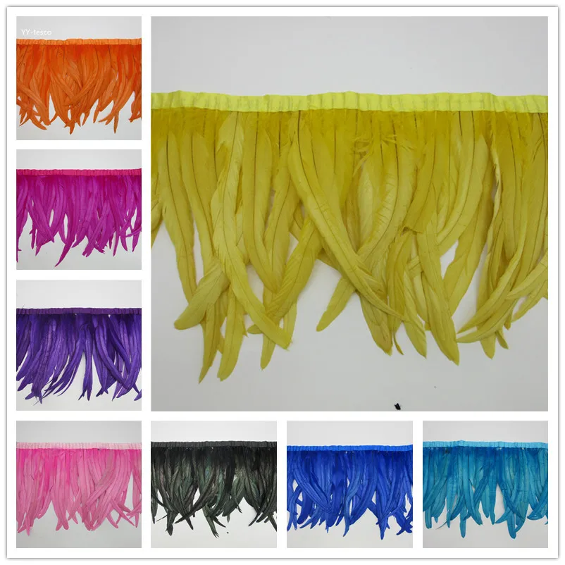 

10 yards Chicken Cock Feathers Trim Cloth 25-30CM Sideband Chicken Rooster Tail Feather Trims Party Clothing Wedding Decoration