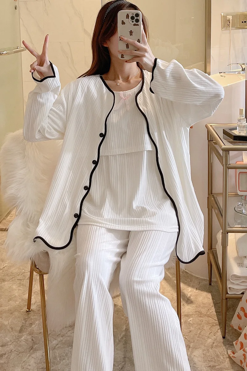 

Spring White Cotton Maternity Nursing Sleepwear Set Loose Feeding Pajamas Suits Clothes for Pregnant Women Pregnancy Home Lounge